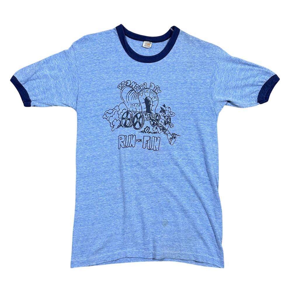 Vintage 70s Hanes Run For Fun Ringer T-Shirt Men’s Medium Pioneer Day Blue